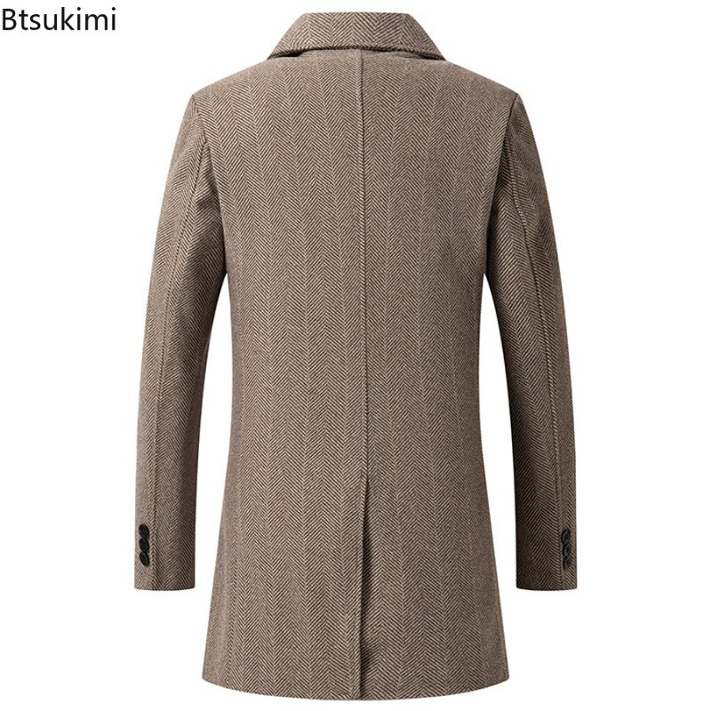 Mantel wol berkancing dua baris pria, jaket wol bisnis kasual panjang sedang sederhana, mantel penahan angin hangat untuk pria 2024
