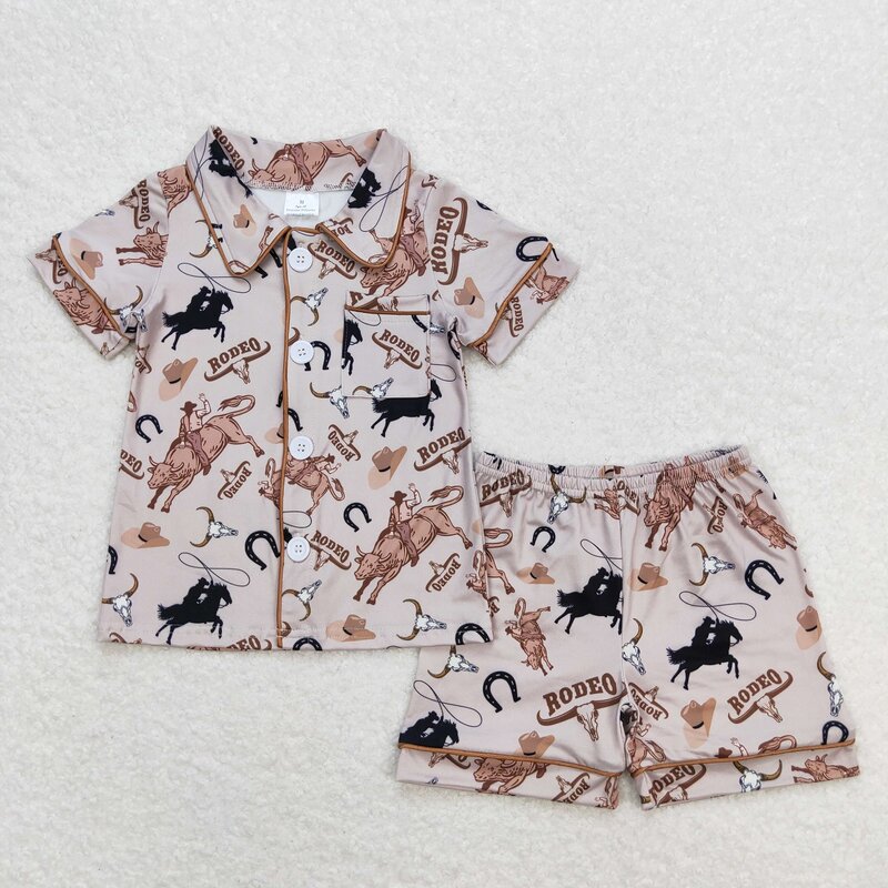 Hurtowa letnia piżamy dziecięce dziecięca z krótkimi rękawami dla koni koszula z kieszeniami dla niemowląt zachodnia zestaw bielizny nocnej szorty dla niemowląt strój chłopca