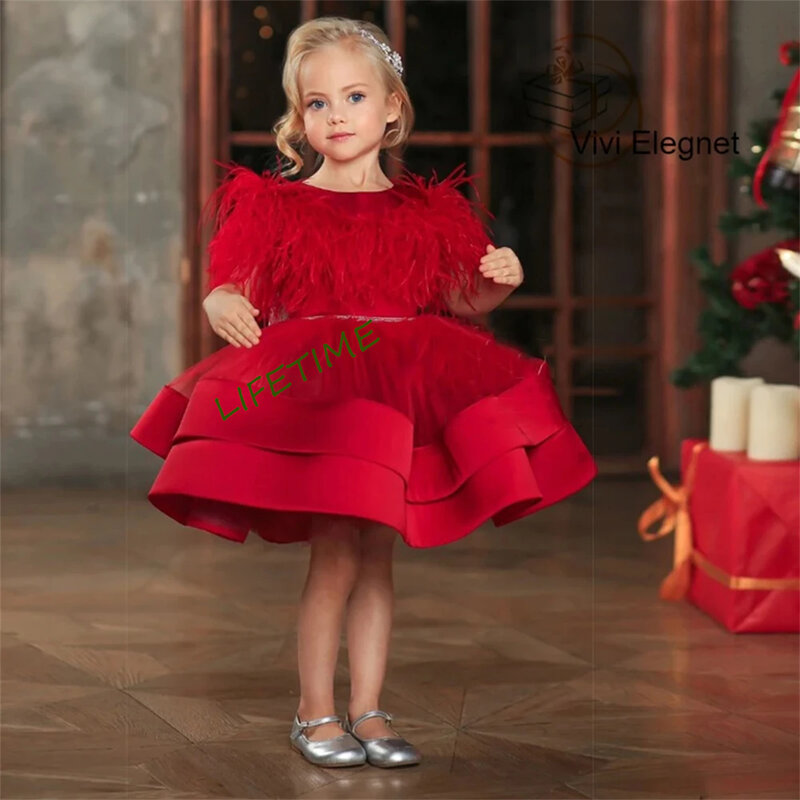 Burgundy Full Sleeve Flower Girls Dresses with Sequined 2023 Tiered Velvet Christmas Gowns Ttutu Knee Length فلور فتاة اللباس