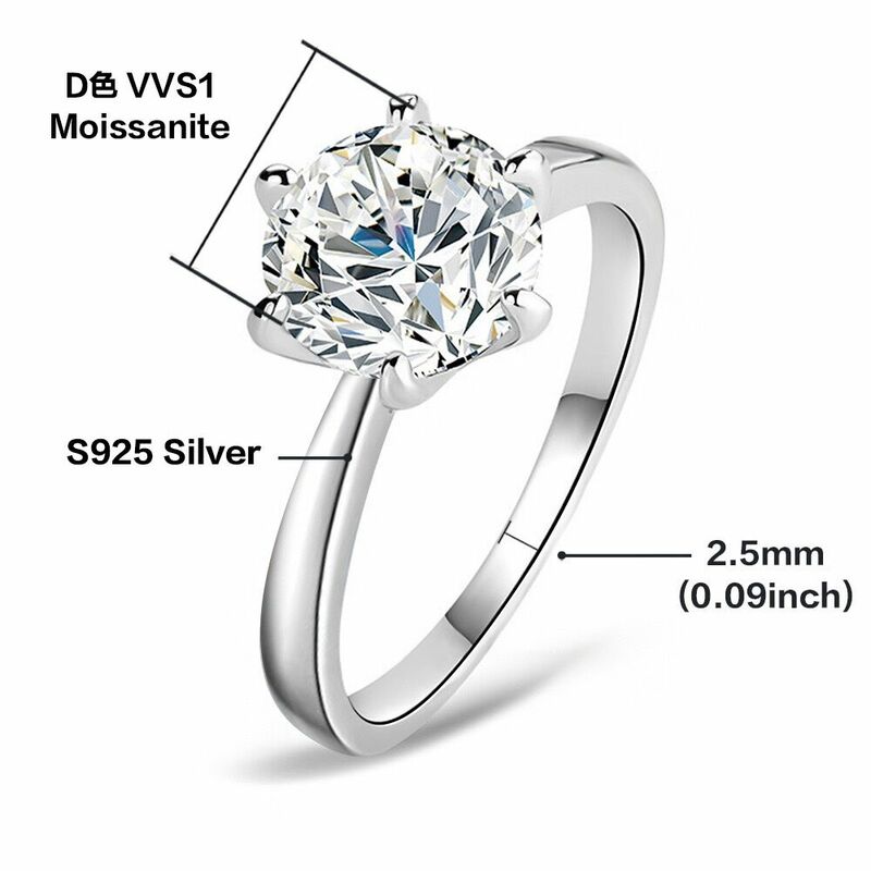Sólido S925 Sterling Silver Six Garra Anel Moissanite para Mulheres, Anéis de Noivado, Anéis de Casamento Clássicos, 2CT