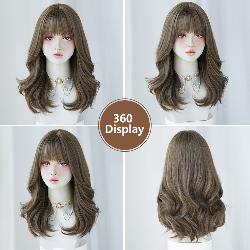 NAMM Long Wavy Women Grey Brown Wig For Women Daily Party Long Wavy Wigs Synthetic Wigs With Fluffy Bangs Heat Resistant