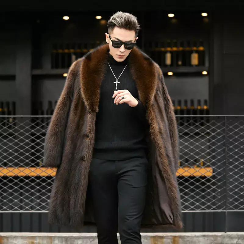 Vison casaco masculino meados de comprimento vison inteiro outono e inverno novo tamanho grande mais veludo espessamento imitação de pele de guaxinim roupas masculinas