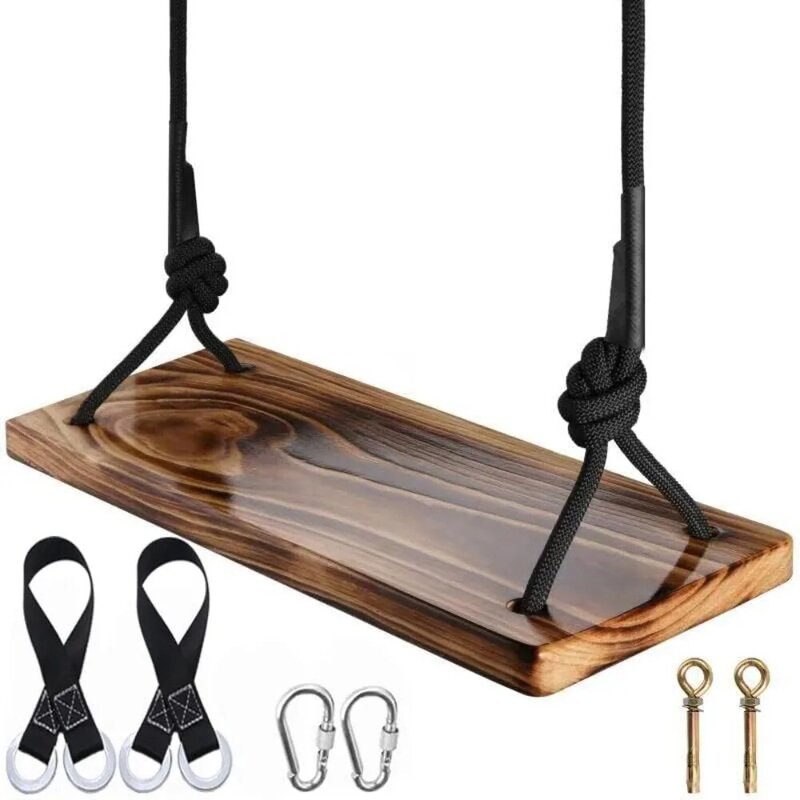 ATFWEL Carbonized Hanging Swing Seat with Adjustable Rope for Adult Kids Garden,Yard,Indoor,Outdoor Durable Wooden Swing Can