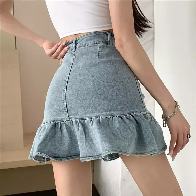 Женская джинсовая юбка с оборками, асимметричная синяя мини-юбка трапециевидной формы с высокой талией, в Корейском стиле, для девушек, для лета