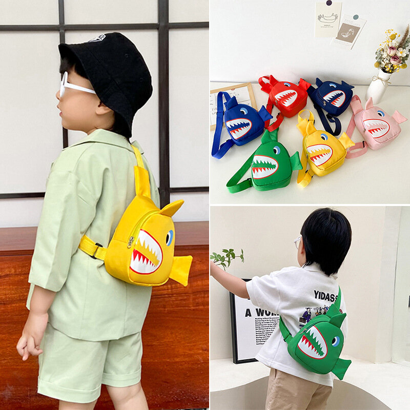 Tas selempang anak, tas sekolah mode tren lucu tas bahu ritsleting tas pinggang kartun motif hiu