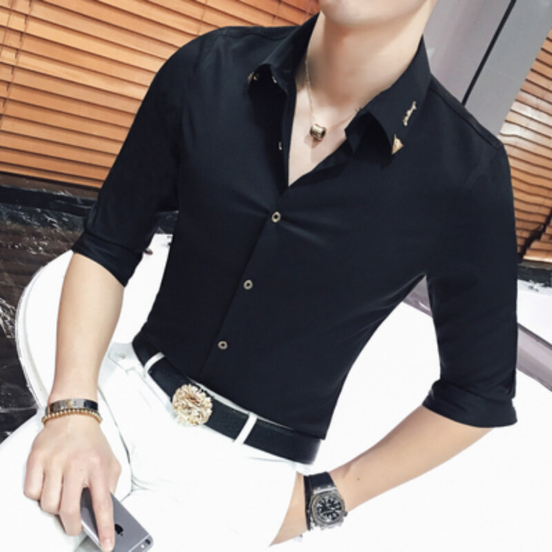 2023 New Spring and Summer Korean version of solid color youth fashion slim fashion men casual sleeved shirt men's work clothes