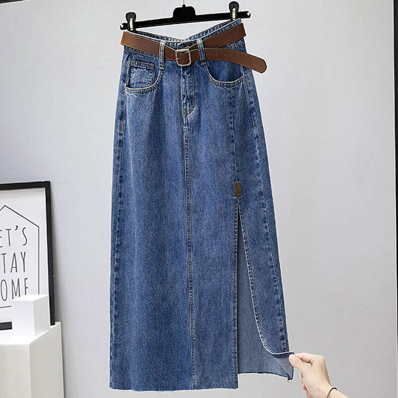 Bordado feminino de cintura alta comprimento médio saia jean longa, fenda emagrecedora, quadril do saco, linha A, novo, primavera e verão