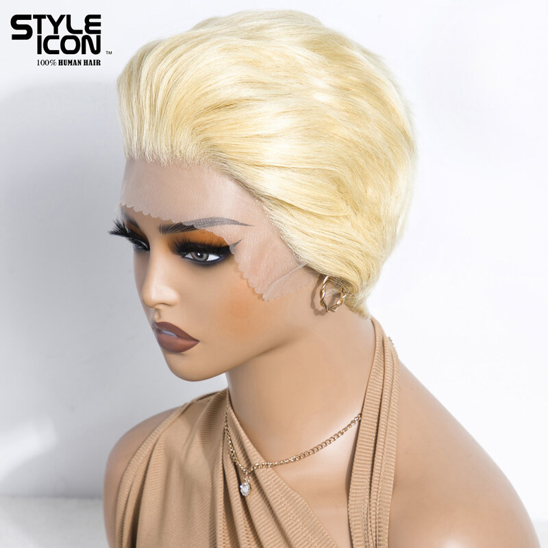 Slicked-Back Straight Wigs Pixie Cut Straight Bob Short Human Hair Wigs 613 blonde Bob Wig Lace Hairline Human Hair pixie Wigs