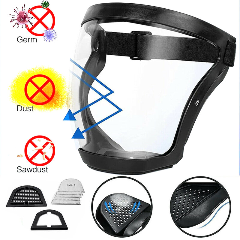 Protetor facial com filtro PM 2.5, à prova de vento, poeira, transparente, cozinha, fumaça, prova de óleo, óculos de ciclismo