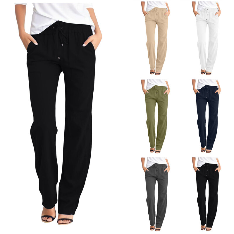 Pantalones de pierna recta de algodón para mujer, estilo bohemio, cintura elástica, sólido, informal, ropa de calle suelta, Verano