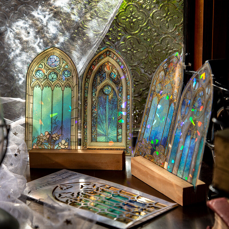 10 buah Retro jendela mengkilap seri dekoratif tahan air stiker buku tempel bahan Label Diy Album buku harian perencana jurnal