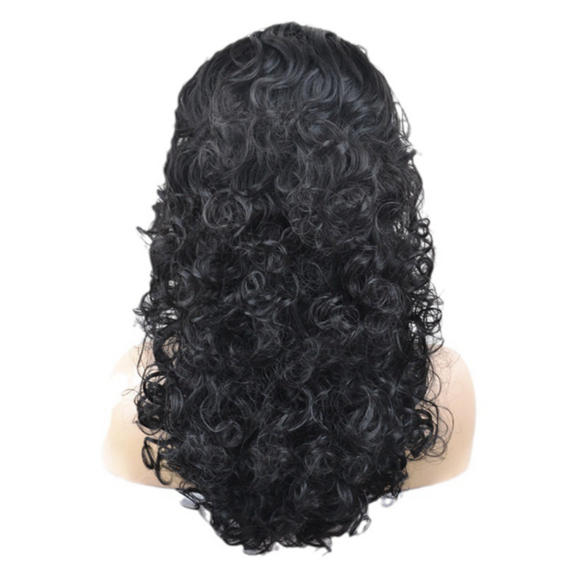 Peluca de fibra química de estilo europeo y americano, pelo largo y rizado de lana negra, peluca mediana