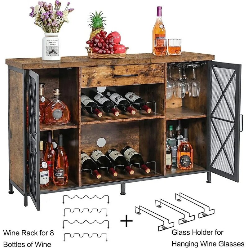 With Wine Rack and Glass Holder Farmhouse Coffee Bar Cabinet for Liquor and Glasses Refrigerator Furniture
