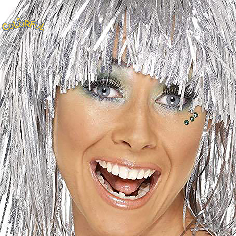 Foil perada kostum Wig Cosplay Lucu topi mengkilap metalik aksesoris rambut untuk pesta karnaval Masquerade Wig
