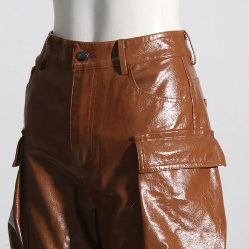Celana overall B-TOTO, trendi, Multi saku, gaya baru musim semi, sambungan, celana kulit longgar, modis, 2024