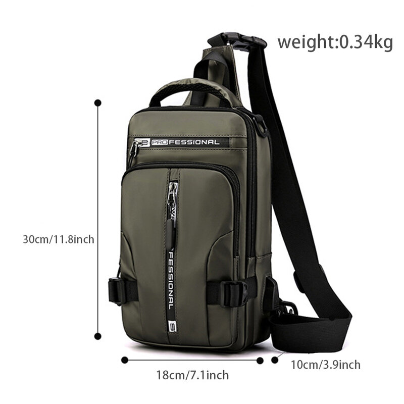 メンズナイロンクロスオーバーバッグ,USB充電ポート付き多機能トラベルバッグ,防水,チェストバッグ,カジュアル