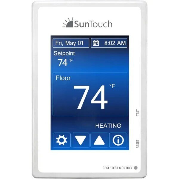 ترموستات بشاشة لمس قابلة للبرمجة Suntouch ، عالمي ، طراز ، منخفض المظهر ، سهل الاستخدام ، تحكم في حرارة الأرضية