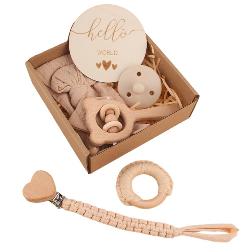 6Pcs Baby Schnuller Kette Bowknot Kopf Wrap Beißring Perle Silikon Nippel Häkeln Beruhigende Set Infant Weihnachten Geschenk