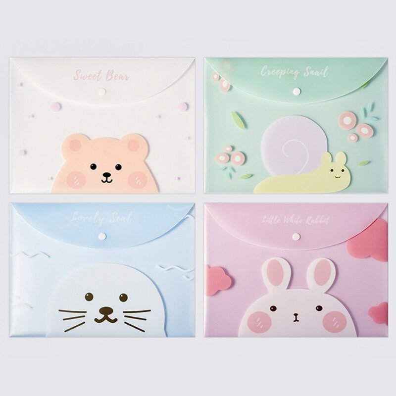 4pcs File Bags for Document Cute Cartoon File Holder Snap Button PVC Folder Pen Box Office Information Bag Student Stationery