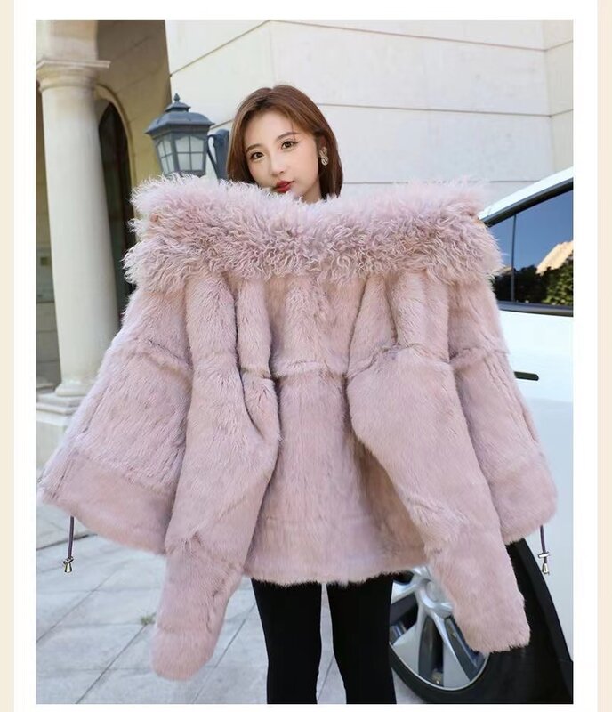 2023 zimowy krótki damski płaszcz z owczej skóry podszyty z naturalnej sierść królika, modny luksusowy ciepła skórzana płaszcz