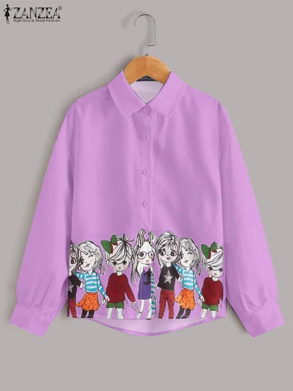 ZANZEA 여성용 라펠 칼라 긴팔 셔츠, 패션 만화 프린트 상의, 휴일 여성 의류 튜닉 2024, 한국 캐주얼 블라우스