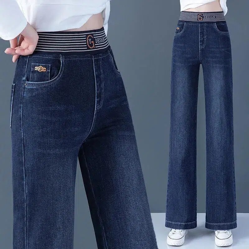 Jeans Lurus Pinggang Tinggi Elastis Mode Wanita Tambal Sulam Antik Kaki Lebar Vaveros Celana Denim Longgar Kantor Panjang Pergelangan Kaki Musim Semi