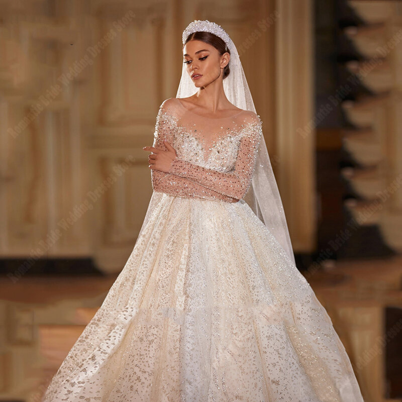 Luxus V-Ausschnitt Frauen Brautkleider helle Pailletten Brautkleider eine Linie Wisch länge lange Ärmel Prinzessin Vestido de Novia 2024