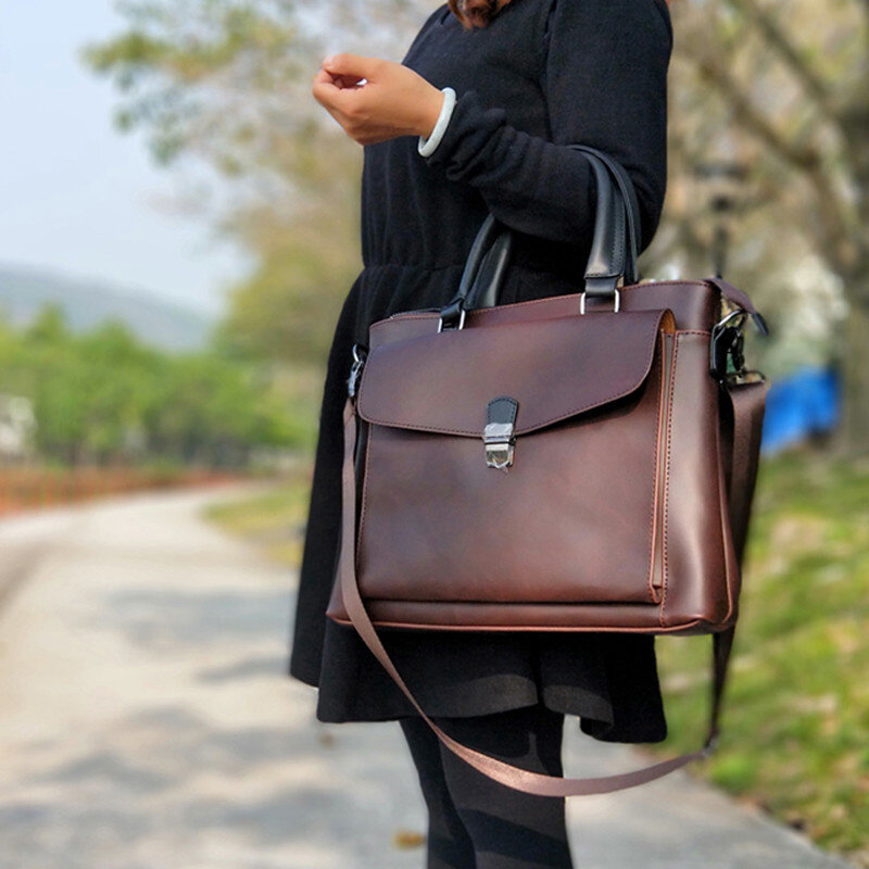 New Vintage Women Bag Horizontal Literary Handbag Multifunction 14" Laptop Dress OL Fashion Leather Business Briefcase