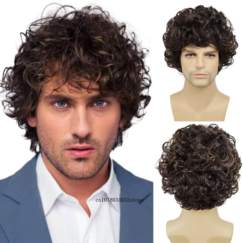 Synthetic Natural Curly Wig for Man Short Wig Men Spanish Mix Brown Color Cosplay Wigs Big Bombshell Wig Halloween Costume Party