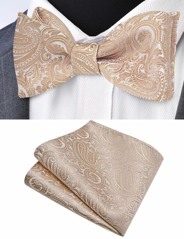 GUSLESON Fashion Silk Mens Self Bow ties and Pocket Square Set Adjustable Floral Bowknot Handkerchief For Men Wedding Party