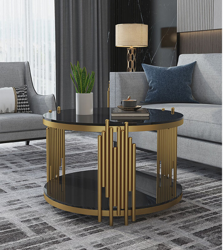 Mesa de centro redonda para sala de estar, mesa de centro de acero de roca, estilo lujoso y ligero