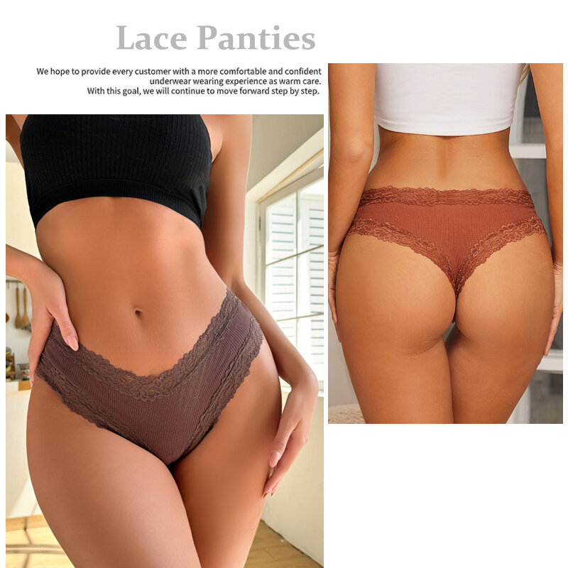 3PCS/Set Sexy Lace Seamless Cotton Brazilian Panties Women Ribbed Intimates Breathable Panties Low Waist Female Cotton Underwear
