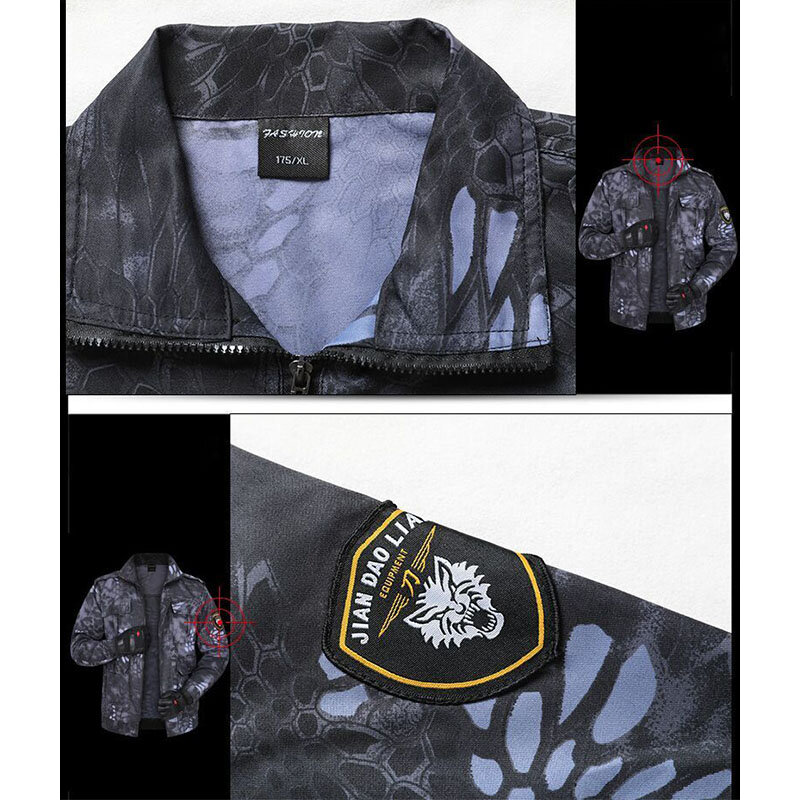 Conjunto tático camo de cobra multi-bolso masculino, jaqueta resistente ao desgaste, calças retas respiráveis, roupas de outono, conjunto de treinamento, 2 peças