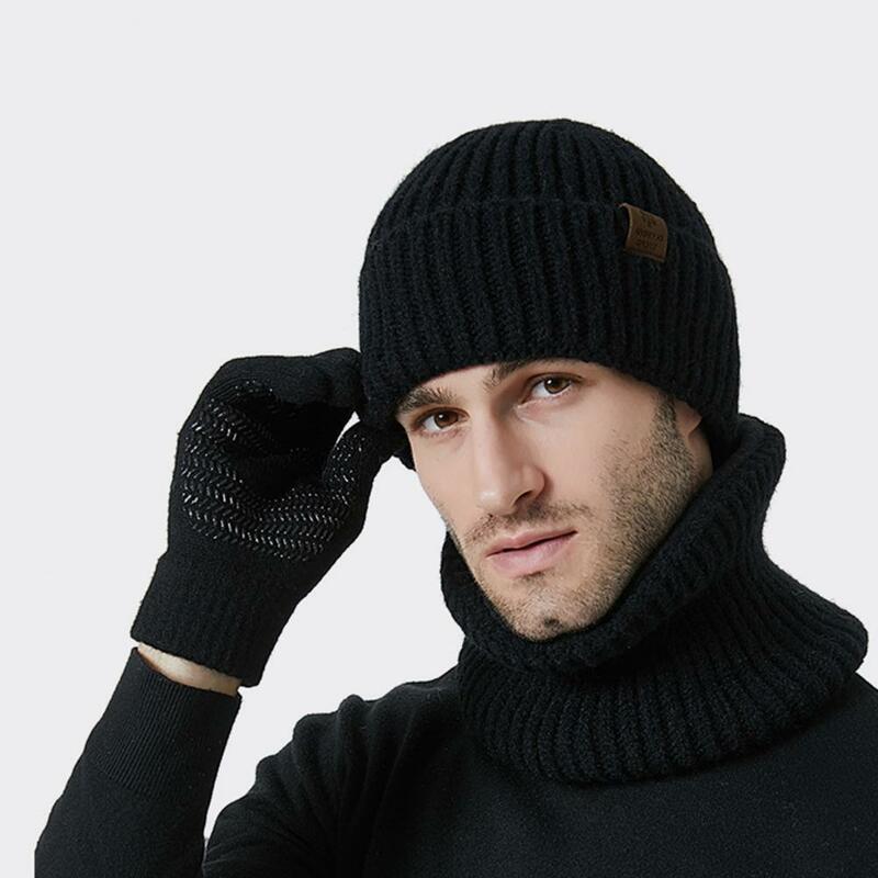 Conjunto de guantes Unisex de 3 piezas, gorro de invierno, bufanda larga, guantes de pantalla táctil, calentador de cuello de punto de Color sólido