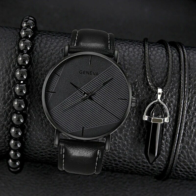 3 buah Set jam tangan pria simpel modis jam tangan pria bisnis gelang manik-manik hitam tali kulit jam tangan kuarsa Reloj Hombre