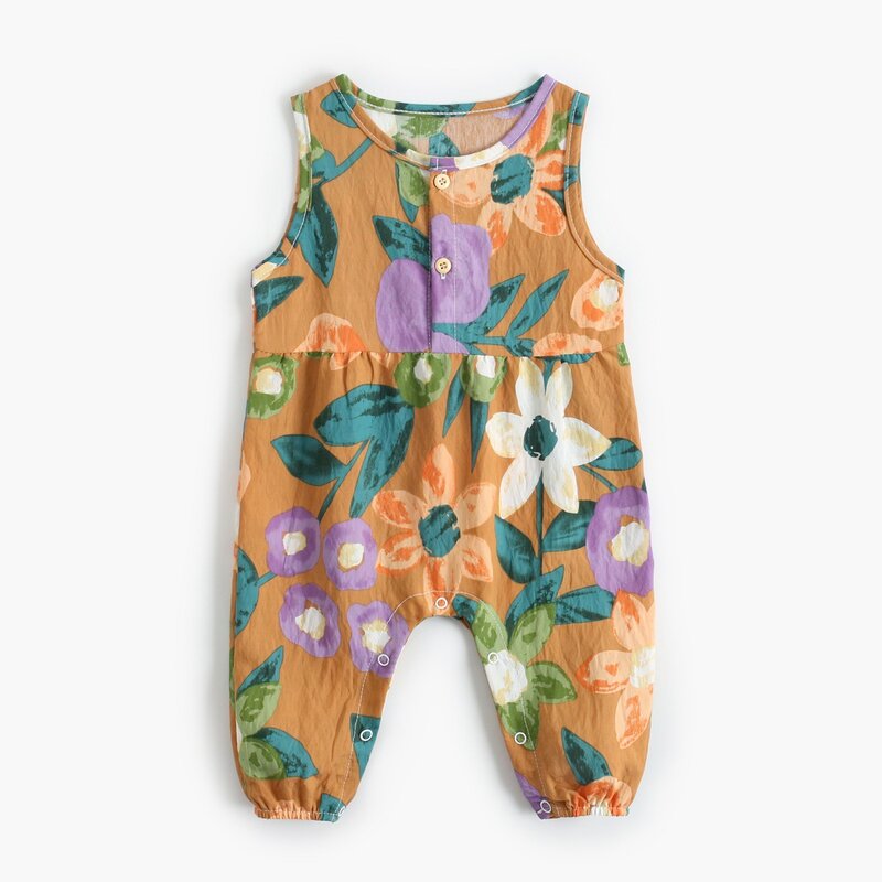 Bodysuit sem mangas do verão para meninas do bebê, roupa do algodão para o recém-nascido