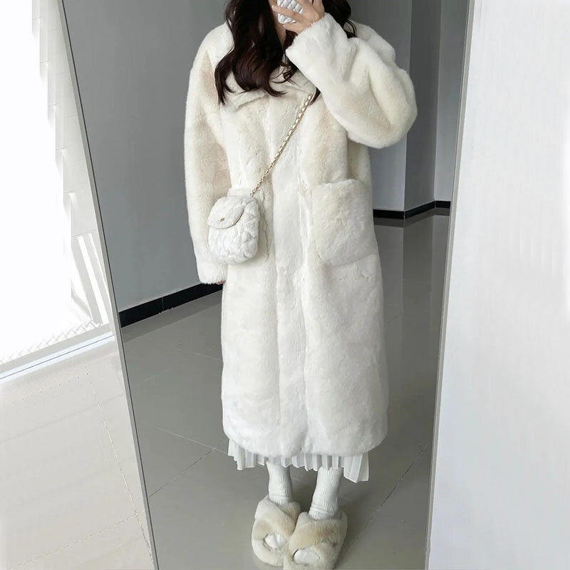 Jaket Midi hangat untuk wanita, mantel Midi bulu palsu hangat musim gugur musim dingin, jaket kasual bersaku Lapel gaya Korea elegan, pakaian luar panjang netral