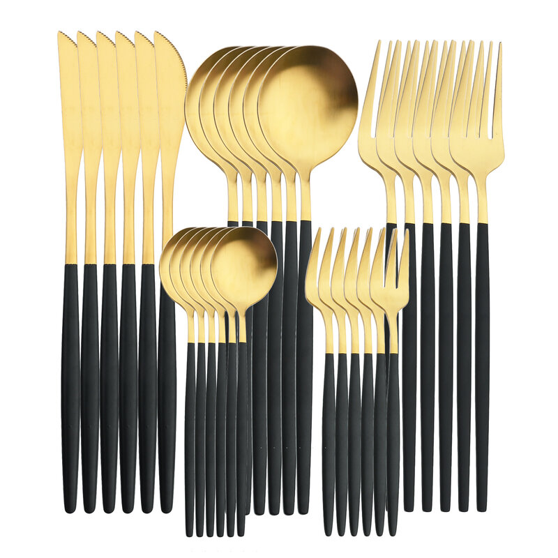 Matte Gold Black Handle Tableware Set, louça de aço inoxidável, faca, garfo, colher, talheres ocidental, talheres de casamento, 6 pcs, 30pcs