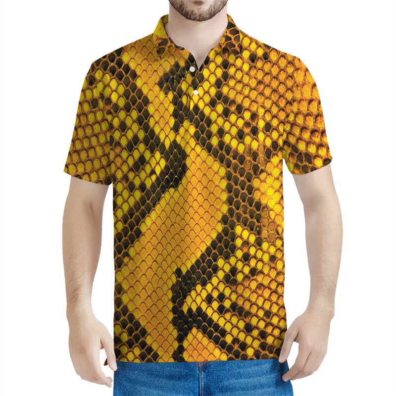 Polo con patrón de piel de serpiente para hombre y mujer, camiseta Punk con estampado 3D de piel de Animal, camisa con botones de calle, solapa de manga corta