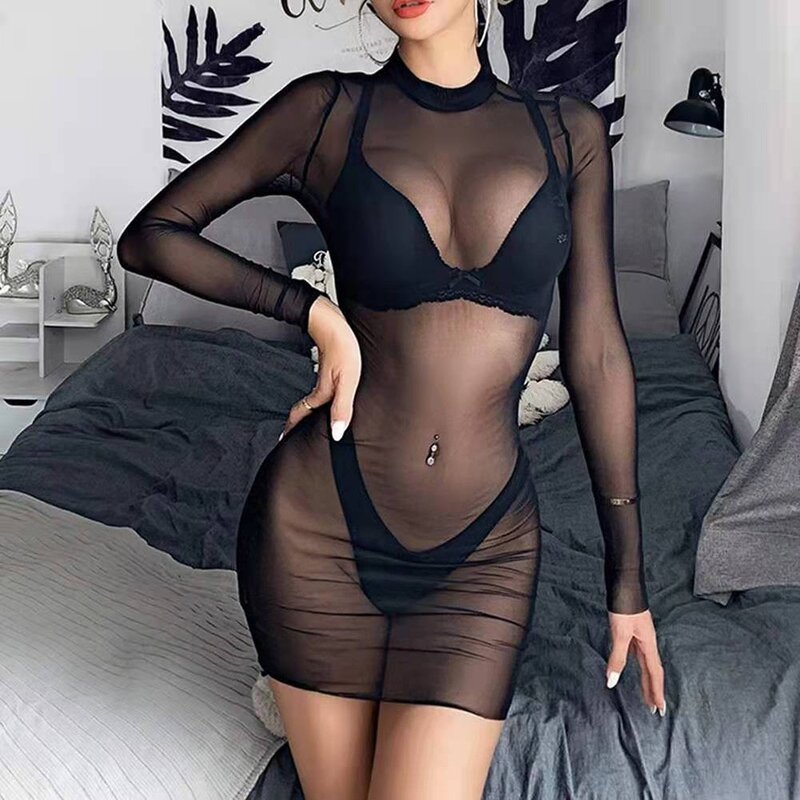 Sexy Women's Sheer Mesh See Through Long Sleeve Tops Clubwear Dress Ultra-Thin Tight Fitting Transparent Party Sensual Nightwear