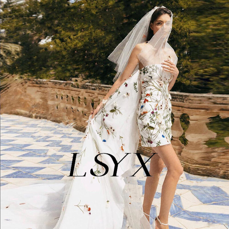 LSYX Flower Embroidery Strapless Sheath Mini Wedding Dress Detachable Court Train Above Knee Short Bridal Gown Custom Made