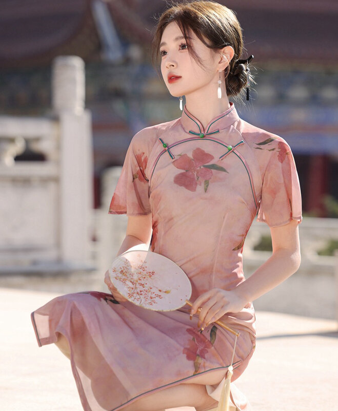 Lato Cheongsam Qipao tradycyjny strój chiński Retro ulepszone Cheongsams luźna krótka rękaw sukienka w kwiaty imprezowa dla kobiet