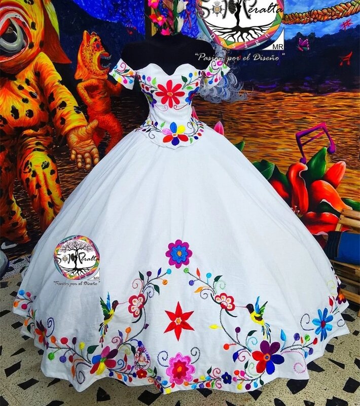 화이트 프린세스 퀸시네라 드레스, 오프숄더 자수 볼 가운, 달콤한 16 드레스, 15 아뇨 멕시코