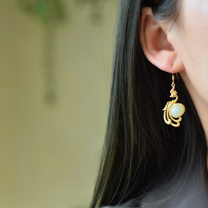S925 argento Phoenix intarsiato naturale orecchini di giada Hetian moda donna Sterling gancio per l'orecchio orecchino a bottone gioielli regali