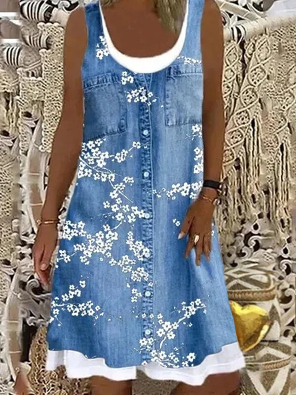 Vestido feminino solto com impressão digital, roupa feminina sem mangas, moda verão, 2023