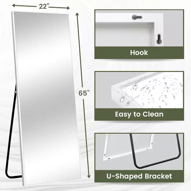 Large Rectangle Bedroom Floor Dressing Mirror Wall-Mounted , Aluminum Alloy Thin Frame, White, 65"x22"