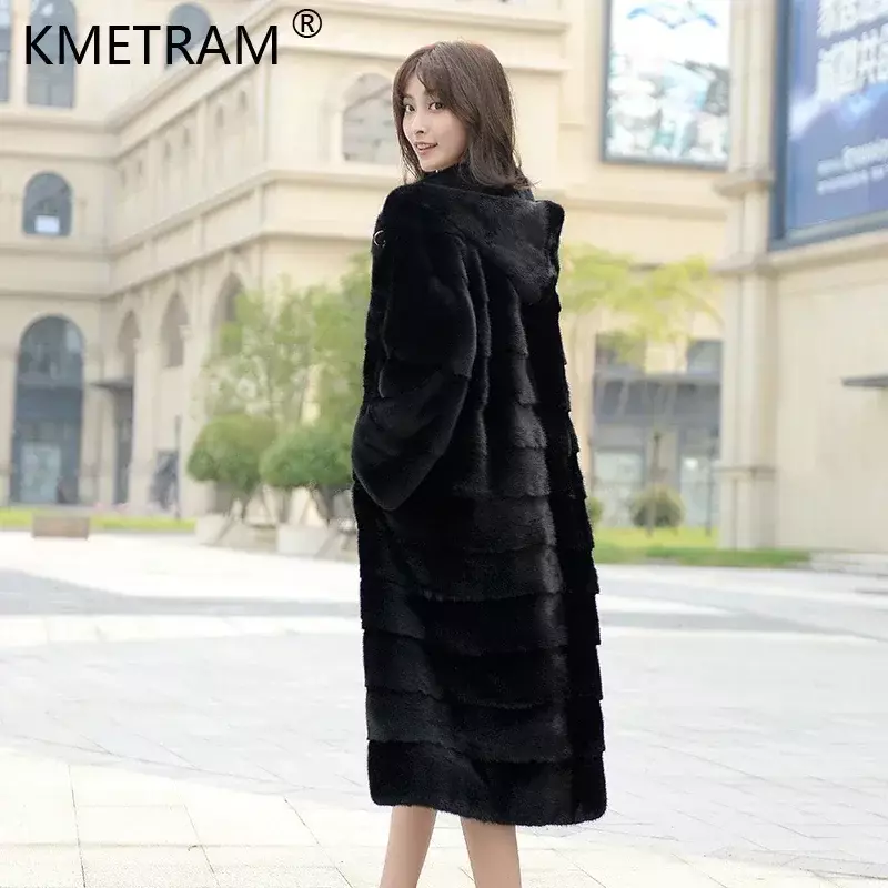 Jaqueta de pele de vison real emendada para mulheres, casacos longos com capuz, casacos femininos, roupas para inverno, 2023
