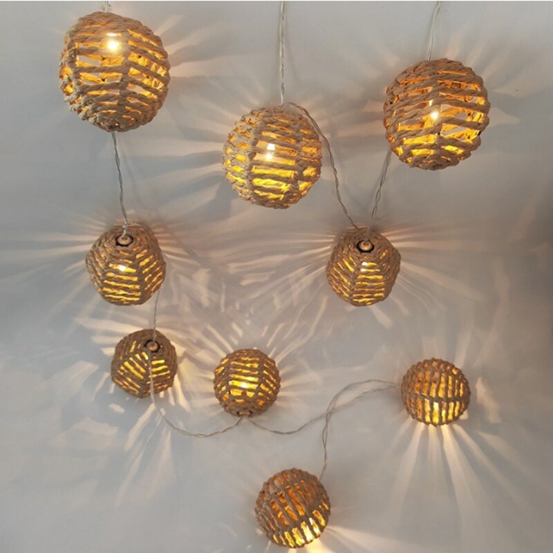 Papel Rattan Ball Light para Decoração, Corda para o Natal, Festival, Corda, Pingente, Trançado, 10LED, 2.5m
