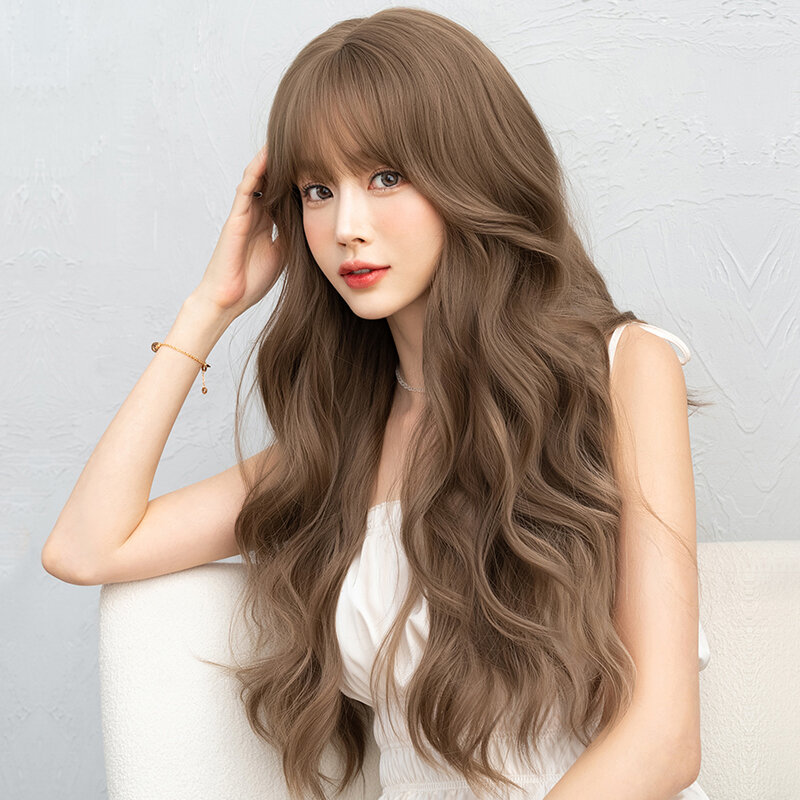 7JHH WIGS Long Loose Body Wave Honey Blonde Wigs with Neat Bangs High Density Synthetic Layered Hair Wig for Women Daily Use