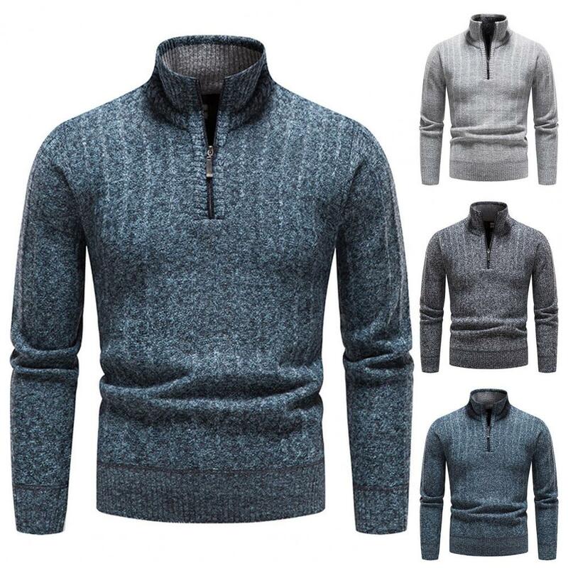 Suéter de punto de manga larga para hombre, suéter elástico con cuello alto, cremallera, textura a rayas, Color sólido, Primavera